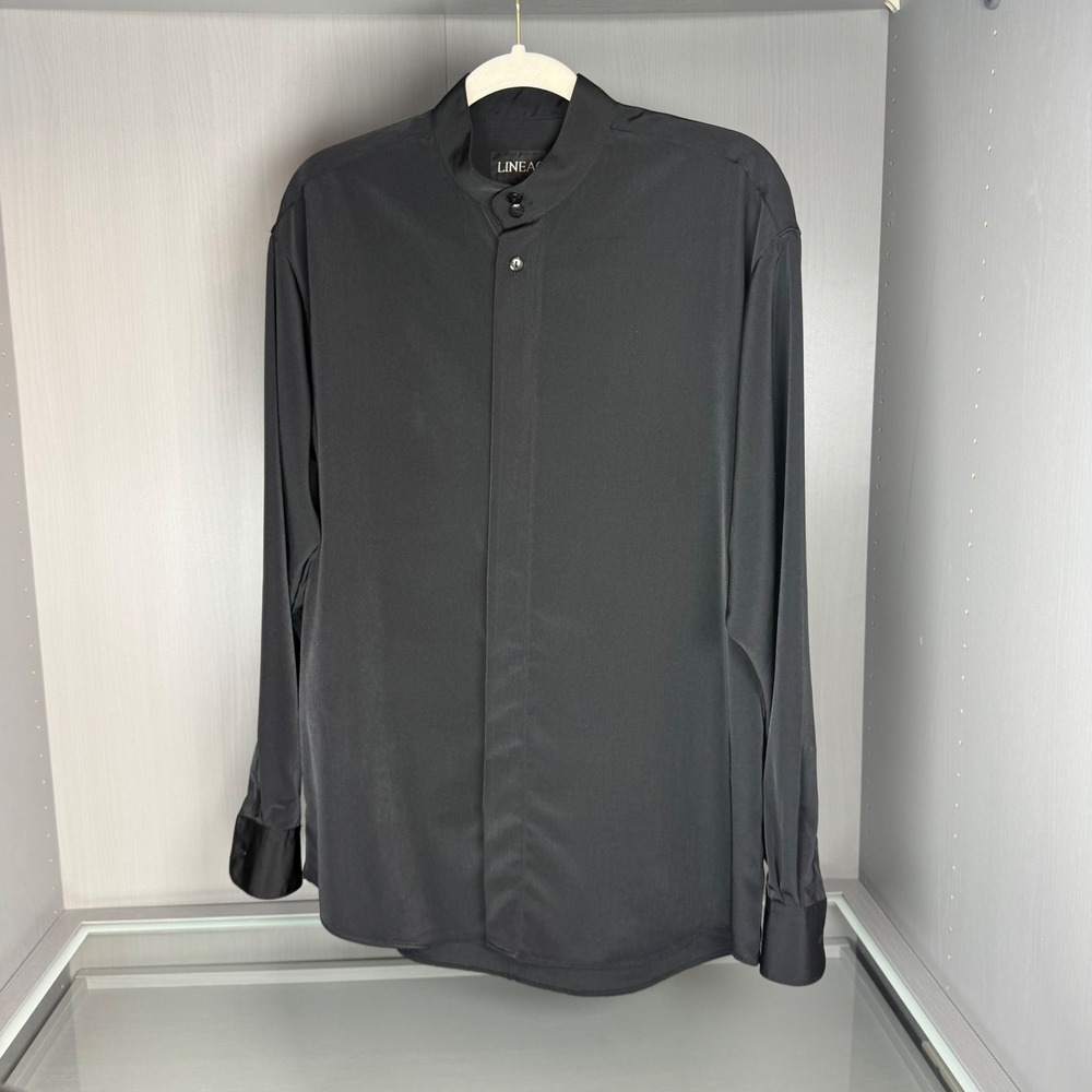 Lineage Mens Mandarin Collar Button Down Shirt Size M Black Oversized Minimalist